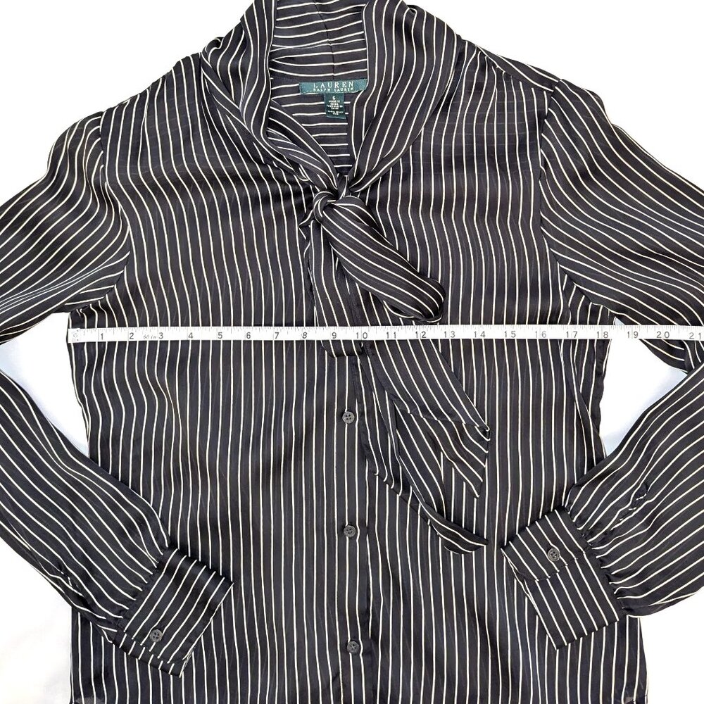 LAUREN Ralph Lauren | 100% Silk Striped Button Down Blouse with Bow | Size 6 - Picture 8 of 12